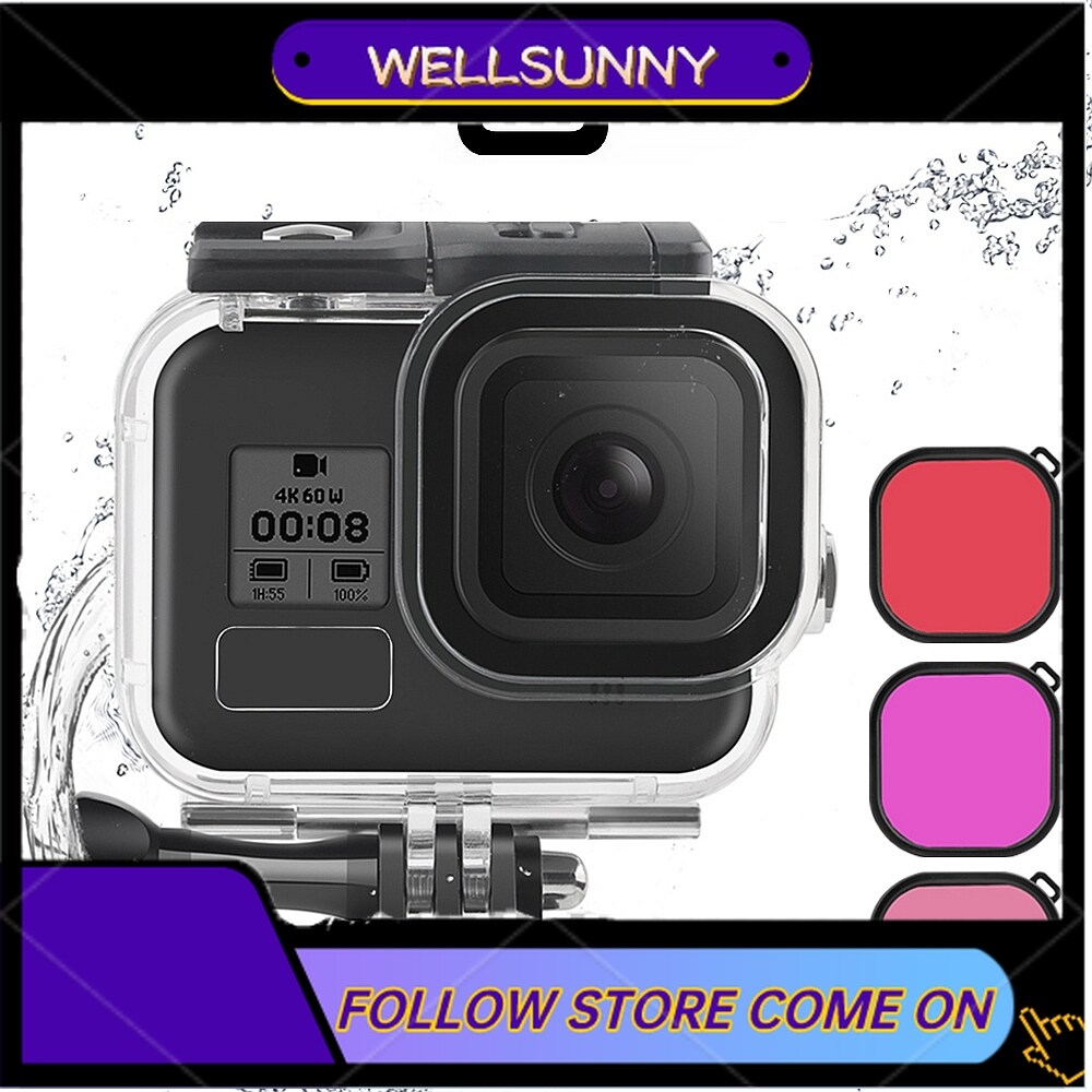 Wellsunny 60m trường hợp không thấm nước cho Gopro Hero 8 màu đen bảo vệ chìm dưới nước trường hợp màu đỏ tím lọc 3 bộ chi tiết
