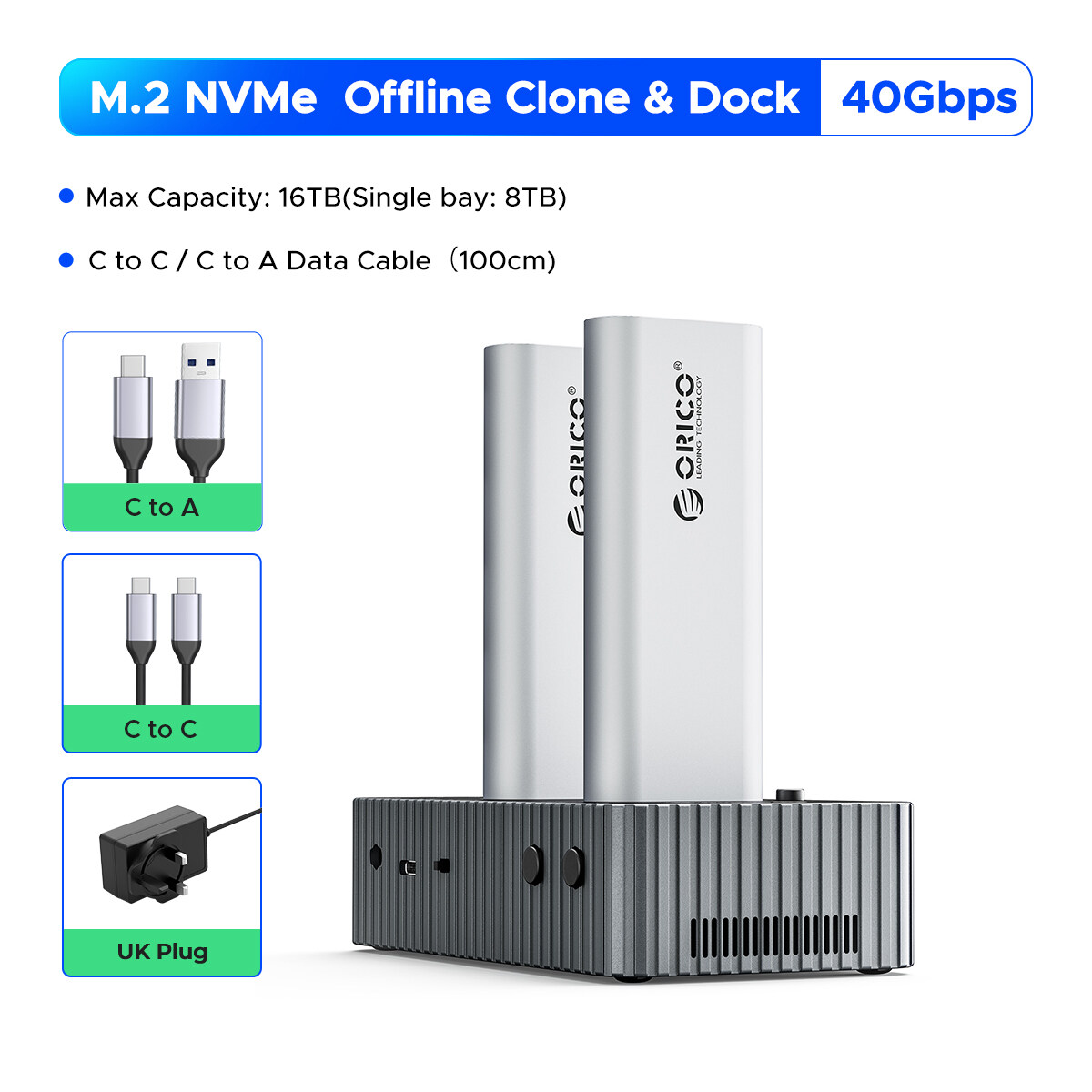 ORICO 2Bay NVMe & SATA cross-giao thức Offline Clone Type-C 10Gbps Ổ đĩa cứng trạm nối cho NVMe M.2