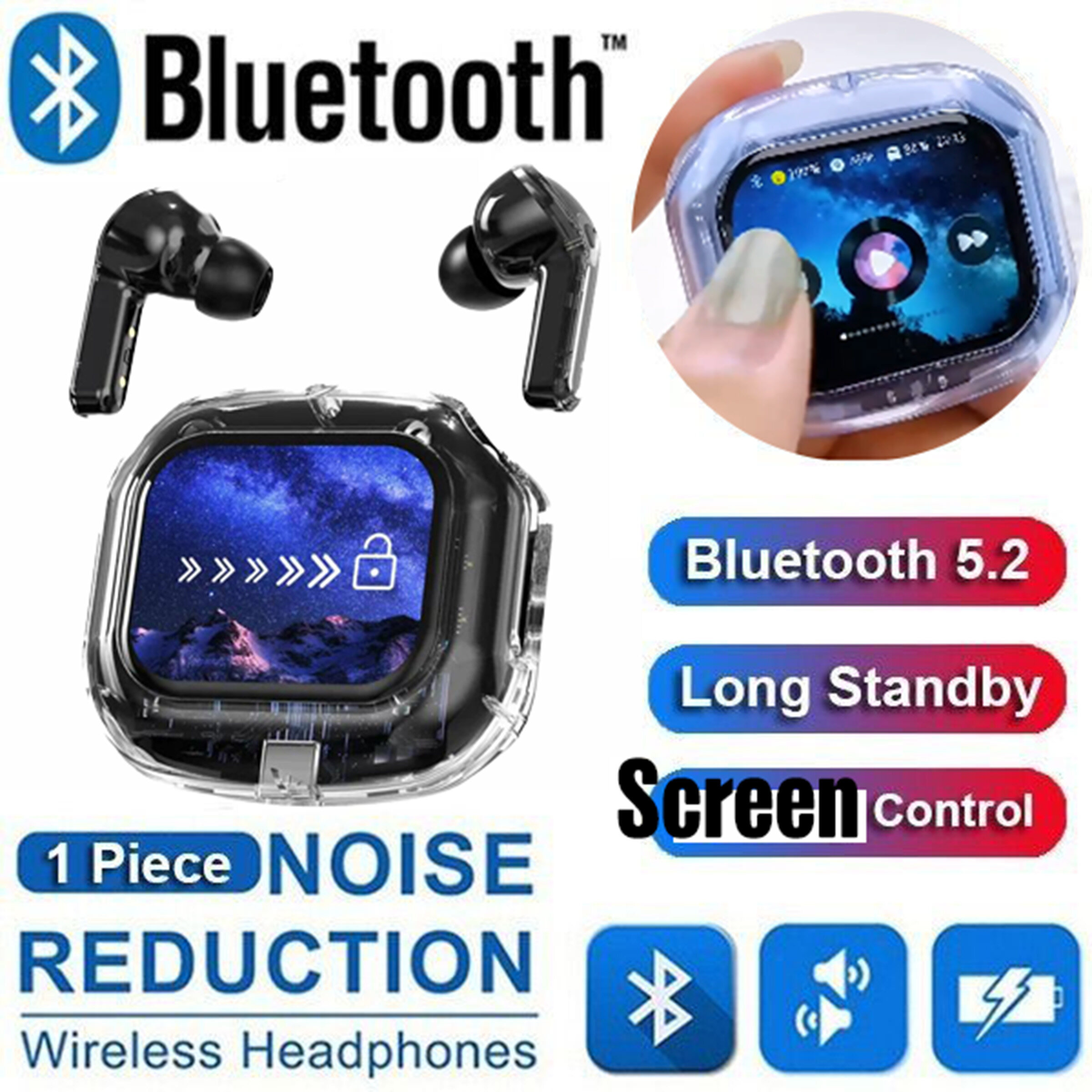 Air Max Screen controls Bluetooth earbuds TWS Intelligent Touch Color Screen Wireless headset Bluetooth 5.4 Earphones Crystal Call Noise Reduction Stereo Earphones