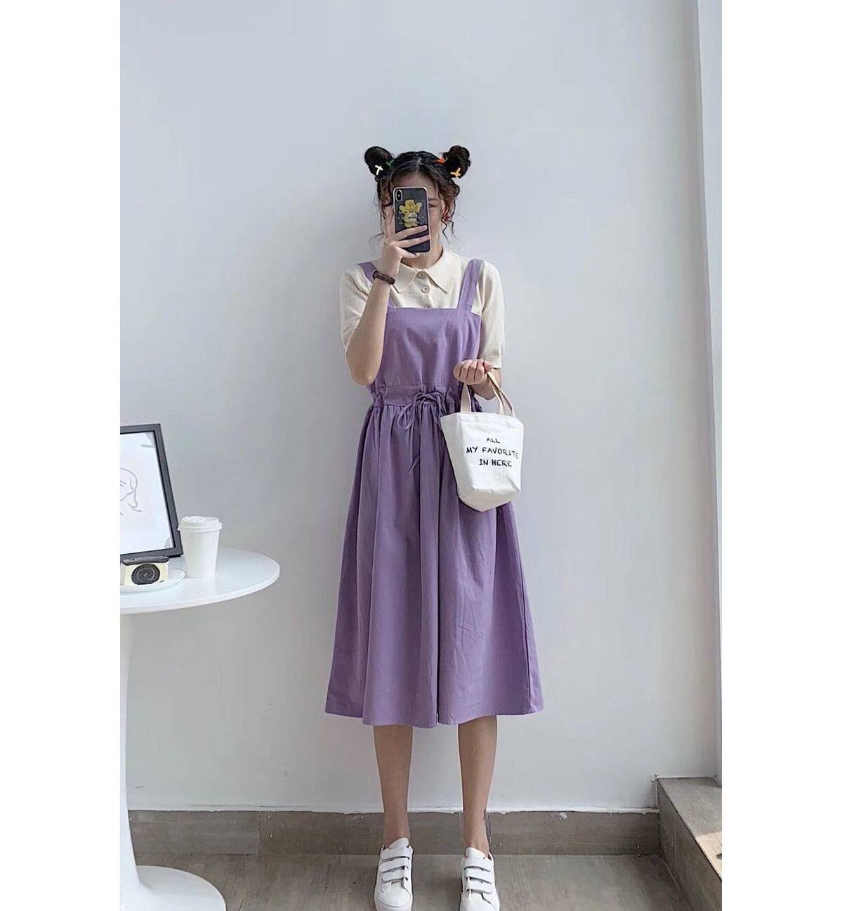 One-piece/suit summer new Korean style ins sweet purple suspender skirt + knitted T-shirt two-piece set for female students