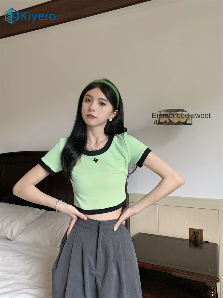 Summer Sweet and spicy short sleeve t-shirt women's Korean style 2022 new slim fit slimming contrast color embroidered top Korean style ins