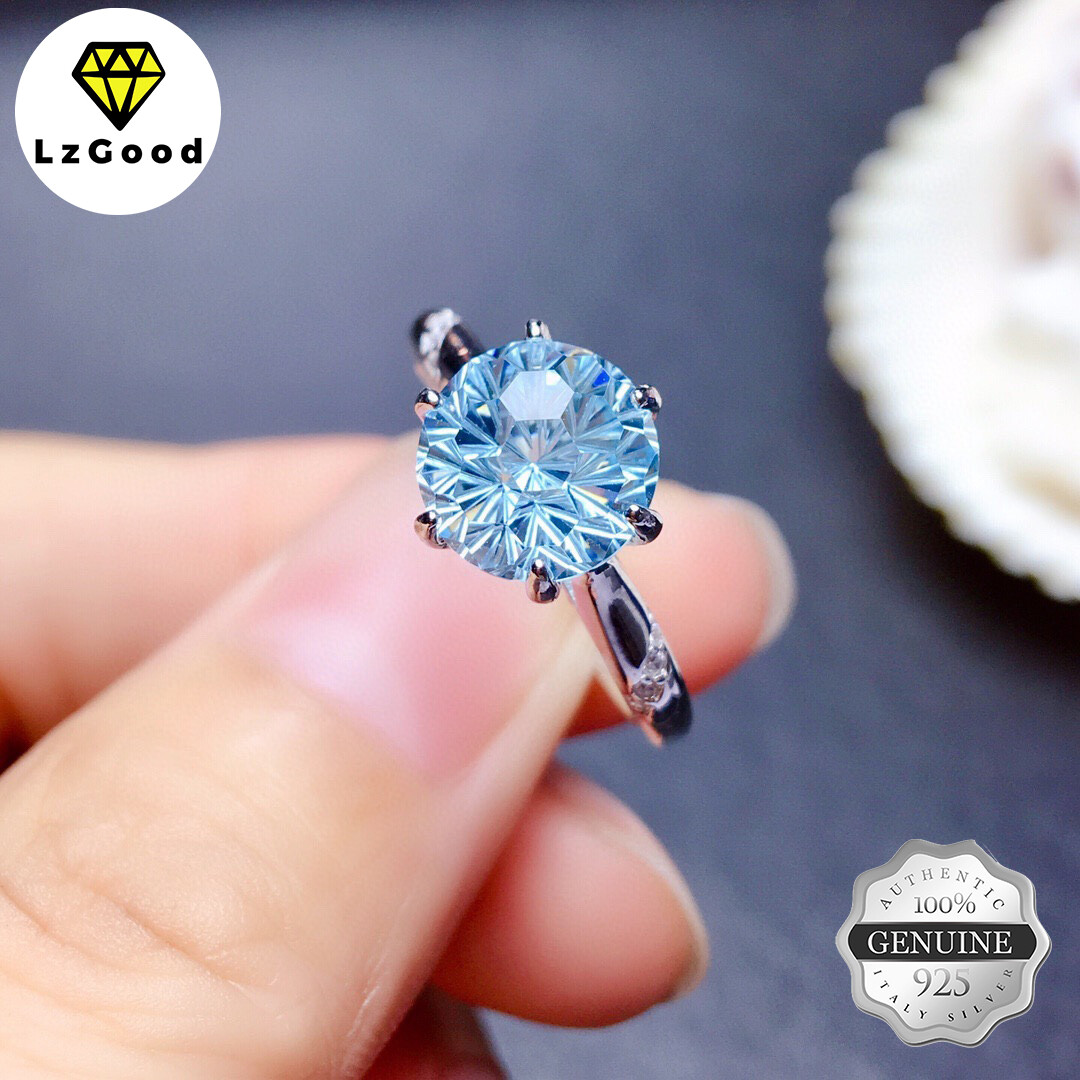 Nhẫn Nữ Đính Kim Cương Moissanite Màu Xanh Dương Hoa Cúc 5 Karat Bạc 925