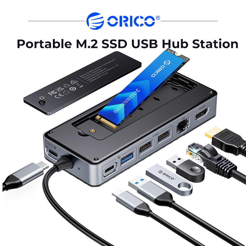 ORICO USB Hub USB3.2 Gen2 M.2 SSD Enclosure with 8-IN-1 USB C  Docking Station 10Gbps PD 100W RJ45 SD/TF 4K HDMI for Laptop