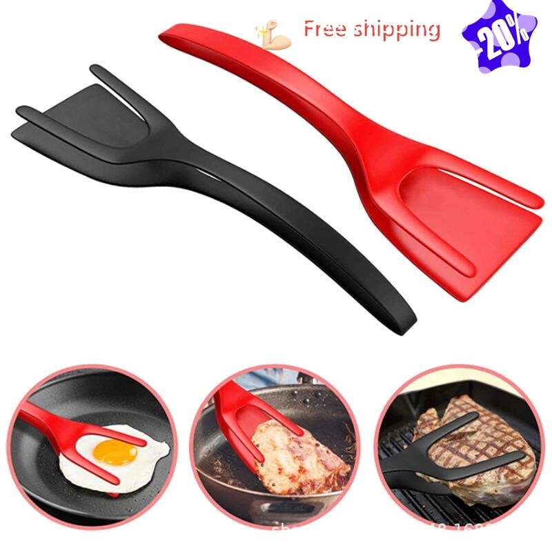 Gambar 2 In 1 Multifunctional Non Stick Food Clip Tongs Fried Egg Cooking Turner Pancake Spatula Pizza Barbecue Omelet Kitchen Clamp