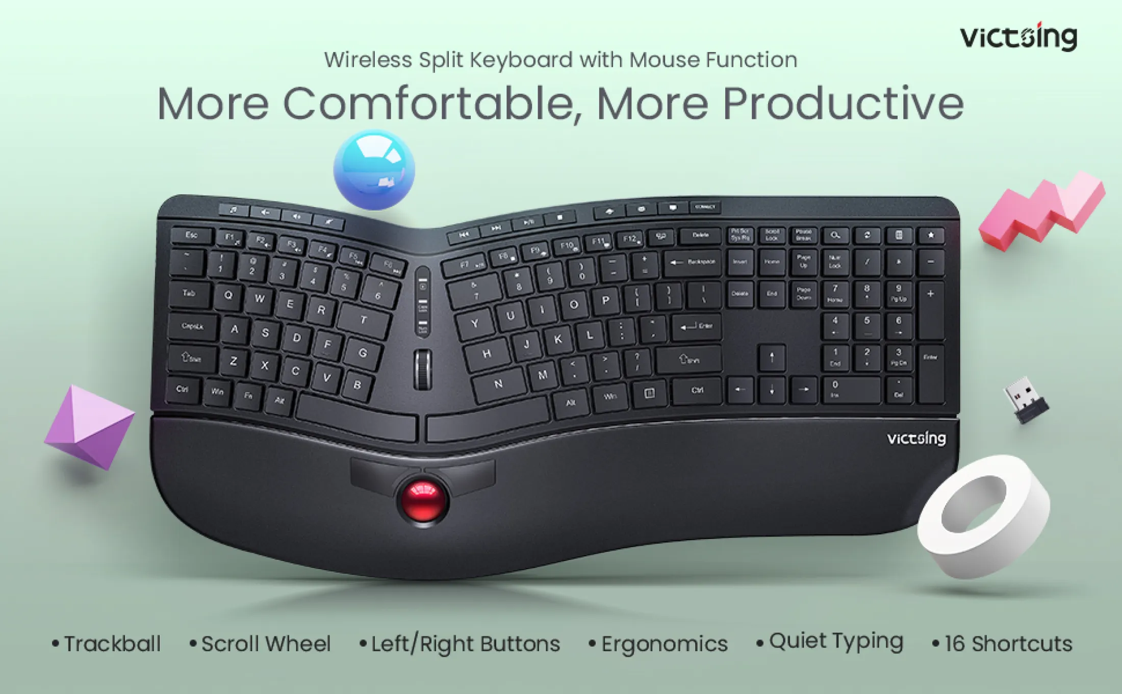Victsing Pc325 Wireless Ergonomic Keyboard Split Keyboard With Trackball And Scroll Wheel 2 4g Silent Ergo Office Typewriter Keyboard With Multimedia Keys For Logitech Microsoft Windows Mac Lazada Singapore