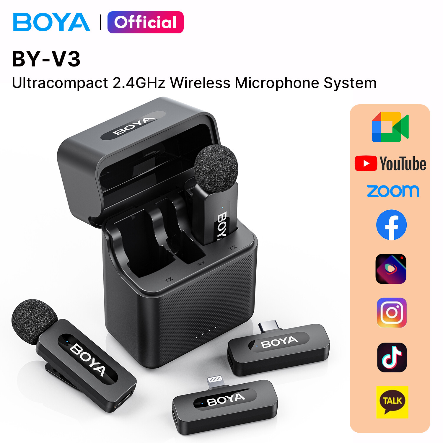 BOYA BY-V3 Wireless Microphone Original Lapel Mic Noise Cancelling Vlogging Mic for Live Streaming iPhone Android DSLR PC