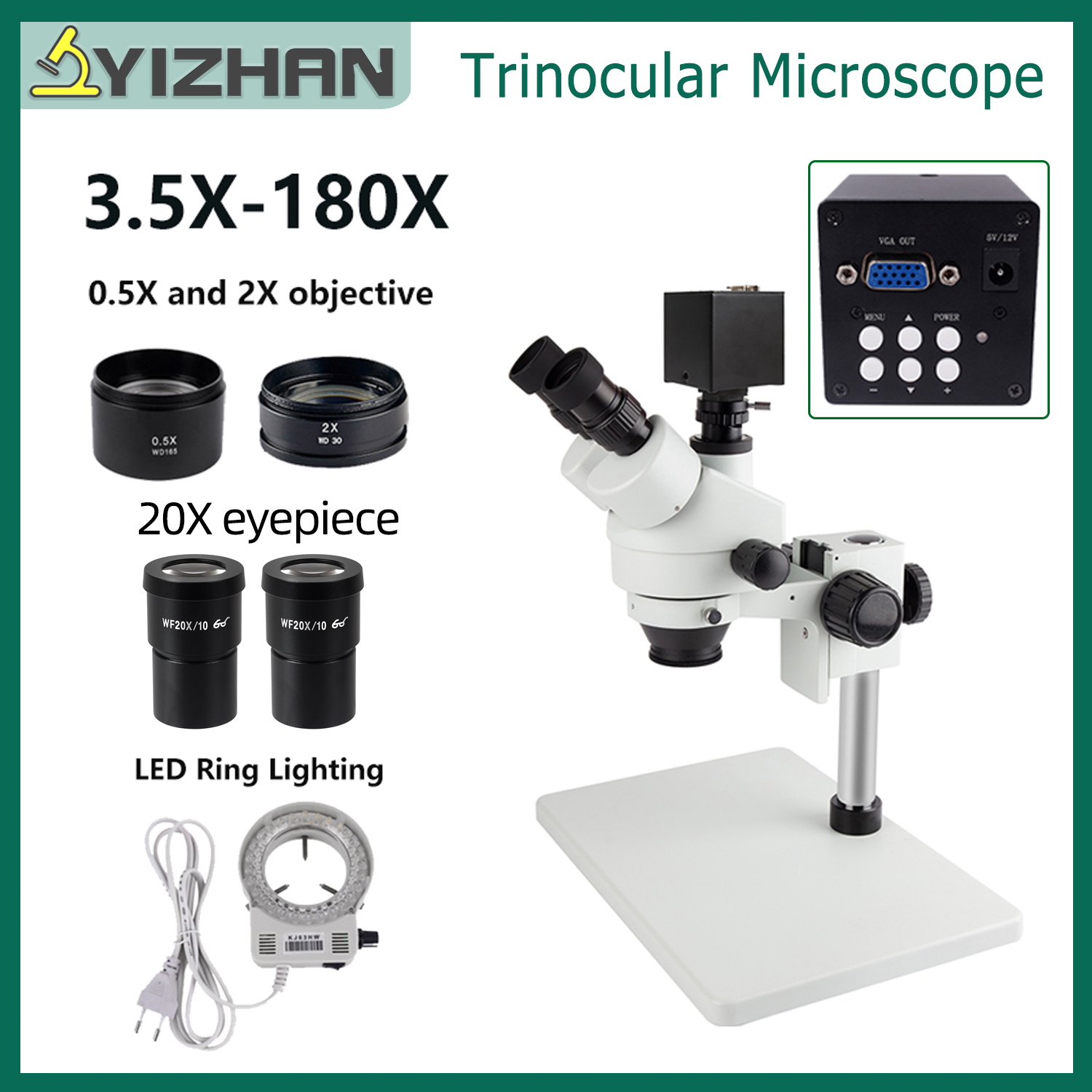 YIZHAN 3.5X-180X Zoom Stereo Microscope trinocular Continuous Zoom 8MP VGA Microscopio Camera Phone PCB Repair Tools 3.5X-180X With camera ราคา 11,880 บาท*ส่งฟรี