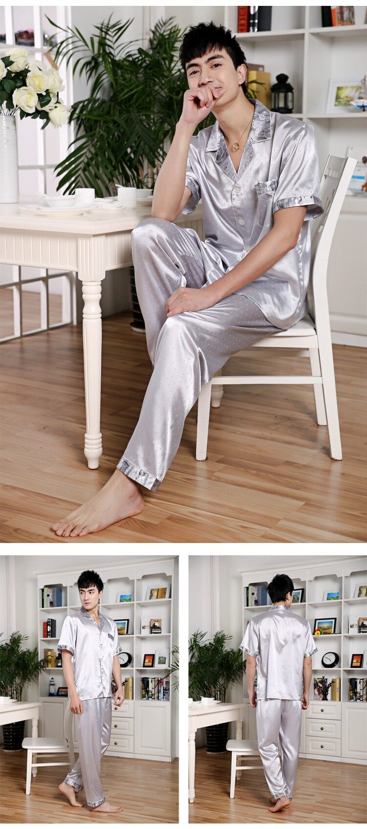 Đồ ngủ xuân và mùa hè bộ đồ ngủ lụa hè mặc cho đàn ông bộ đồ ngủ dài Sleeve Silk