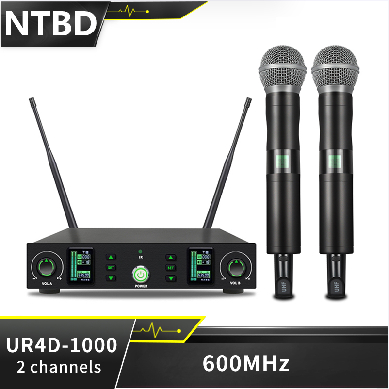 Ntbd ur4d-1000 micro không dây chuyên nghiệp uhf kép 2 kênh cho hát hip-hop biểu diễn sân khấu chất lượng cao