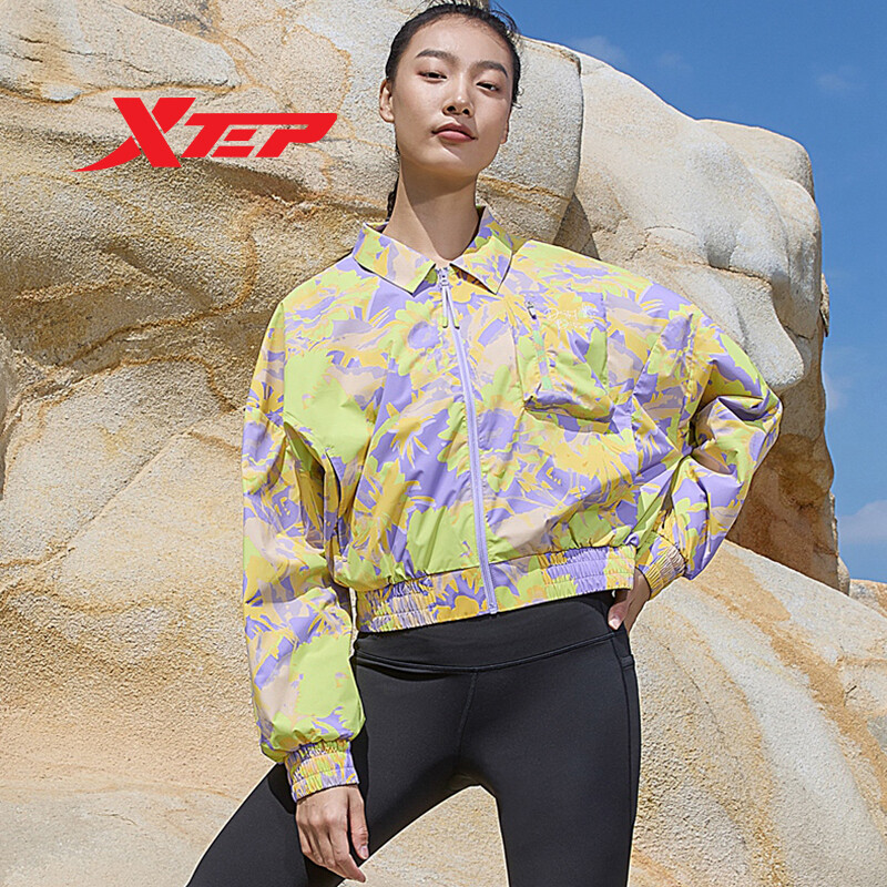 Xtep áo khoác nữ áo thể thao dáng rộng ngắn thường ngày áo khoác dệt ve áo áo khoác dáng dài 877128120110