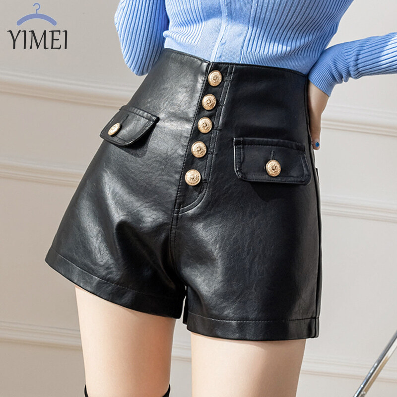  Quần đùi da PU đen Yimei cho nữ mùa thu và mùa đông 2023 quần chữ A giặt nhiệt độ cao mông quấn Micro đàn hồi đa năng mới quần eo cao 