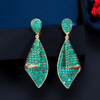 SEQUITO New Fashion Festival Party Jewelry Full Micro Inlaid Round Green AAA Cubic Zirconia Stones Designer Women Prom Yellow Gold Color with 925 Silver Pins Dangle Drop Earrings SE795