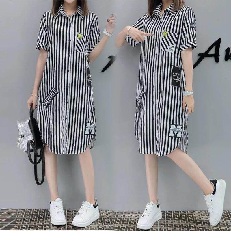[Pre-Order](［S～5XL］Plus Size casual stripes short-sleeved shirt 700-008 夏季bf加肥加大码衬衫女装胖mm宽松休闲中长款竖条纹短袖衬衣裙)(ETA：2023-12-31)