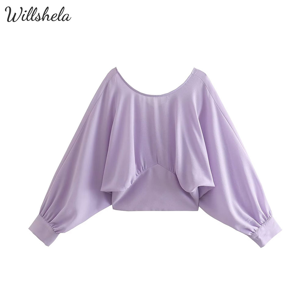 Willshela áo len chui đầu màu tím trơn thời trang cho nữ áo cánh áo ngắn cổ tròn tay dài khóa kéo bên hông cho nữ sang trọng