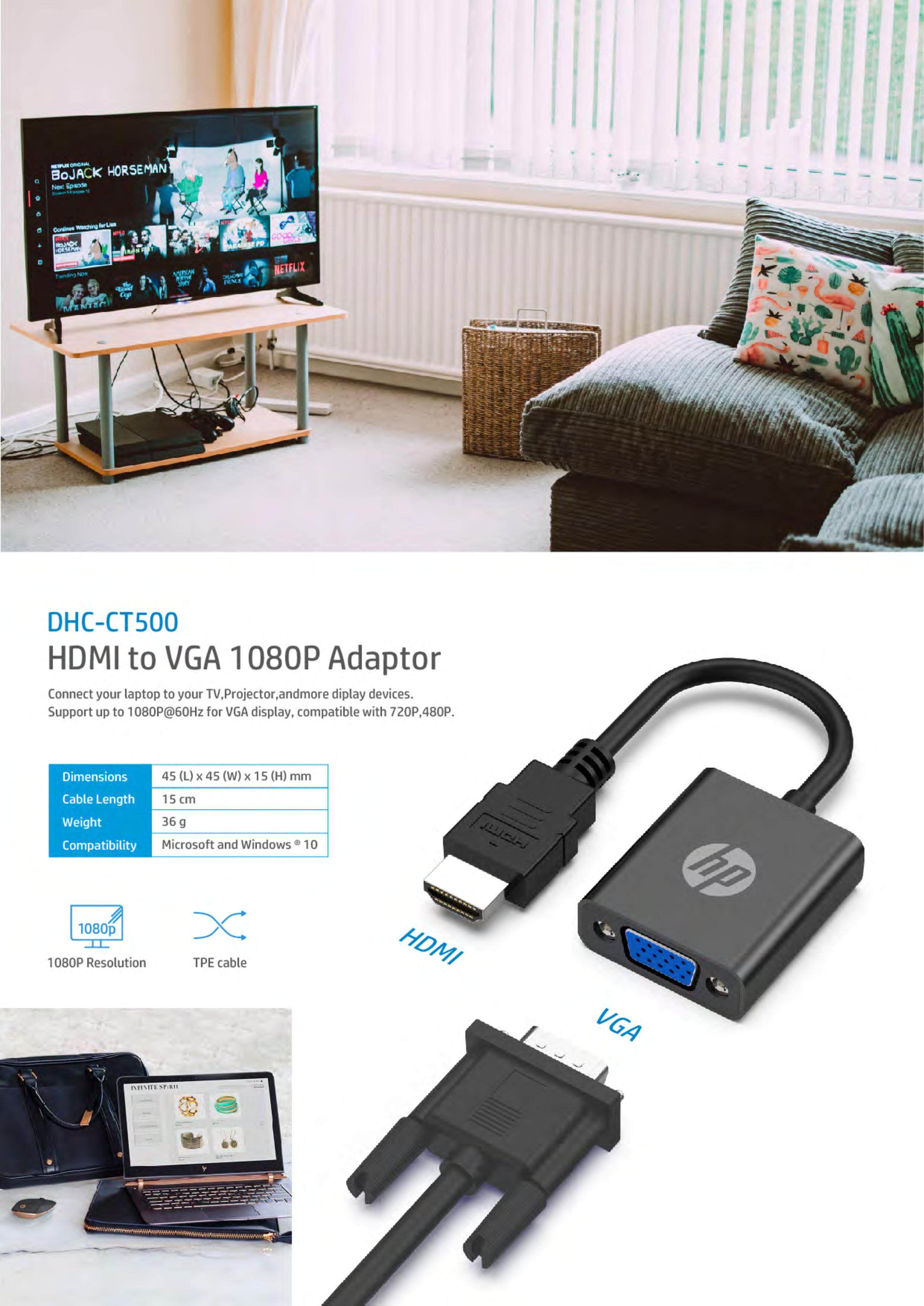 Hp Dhc Ct500 Hdmi To Vga Converter Cable Support 1080p 60hz Lazada