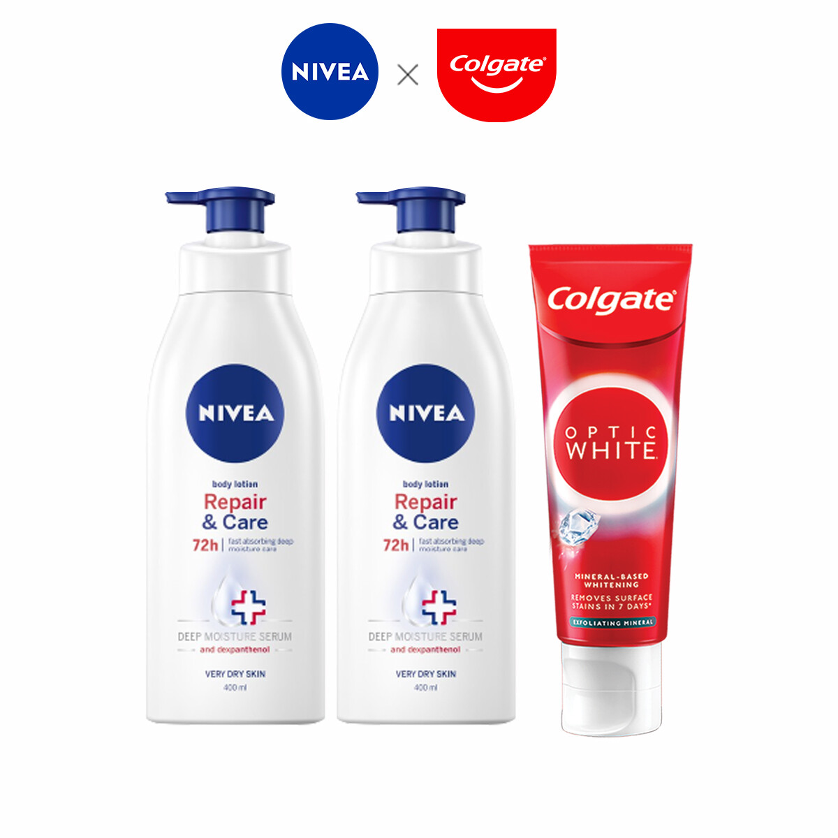 Gambar NIVEA Repair   Care Body Lotion 400ml x2 + Colgate Optic White Exfoliating Mineral 100g