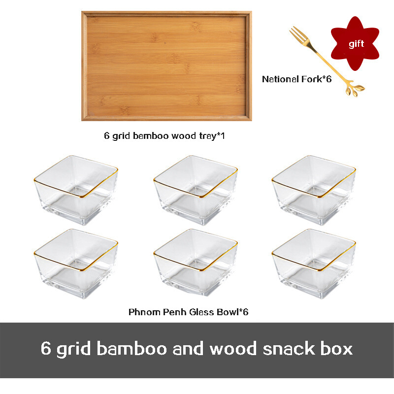 Gambar Creative Snack Platter Candy Glass Plate Bowl with Wood And Gilded Handle Living Room Household Tableware Dessert Fruit Plate