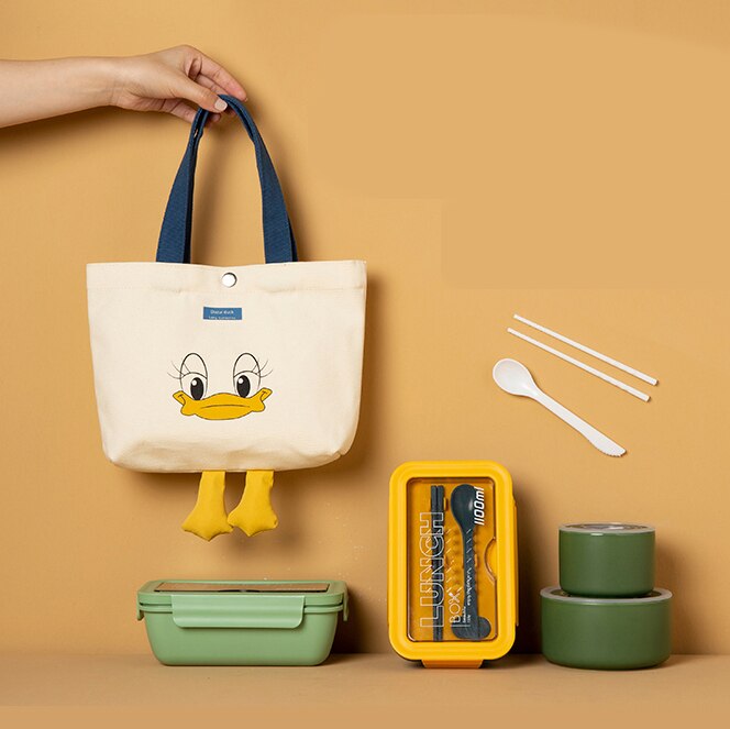 Gambar Canvas Lunch Bag Picnic Tote Cotton Cloth Lunch Box Small Handbag Pouch Dinner Container Food Storage Bags Student Office Lady