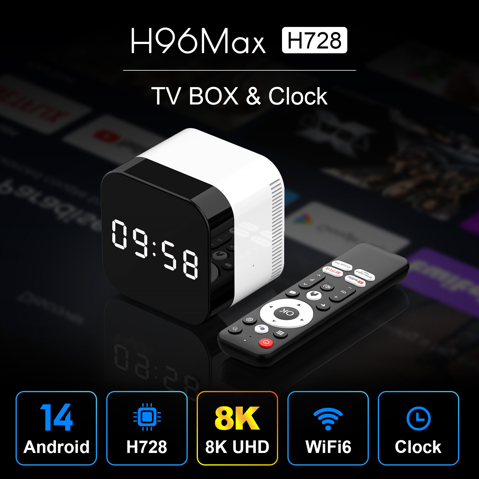  H96 Max H728 Bộ giải mã TV thông minh Android 14 ATV TV Box 4K 60fps 1000M LAN Wifi6 Bt5.0 Google Trợ Lý Bằng Giọng Nói Phương Tiện Truyền thông Máy Nghe Nhạc Thiết Lập Bộ chuyển đổi tín hiệu 