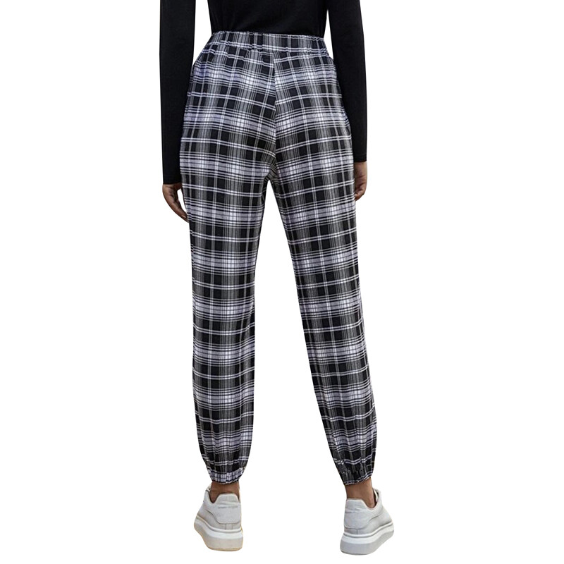 Women Casual Plaid Pants Elastic Waist 