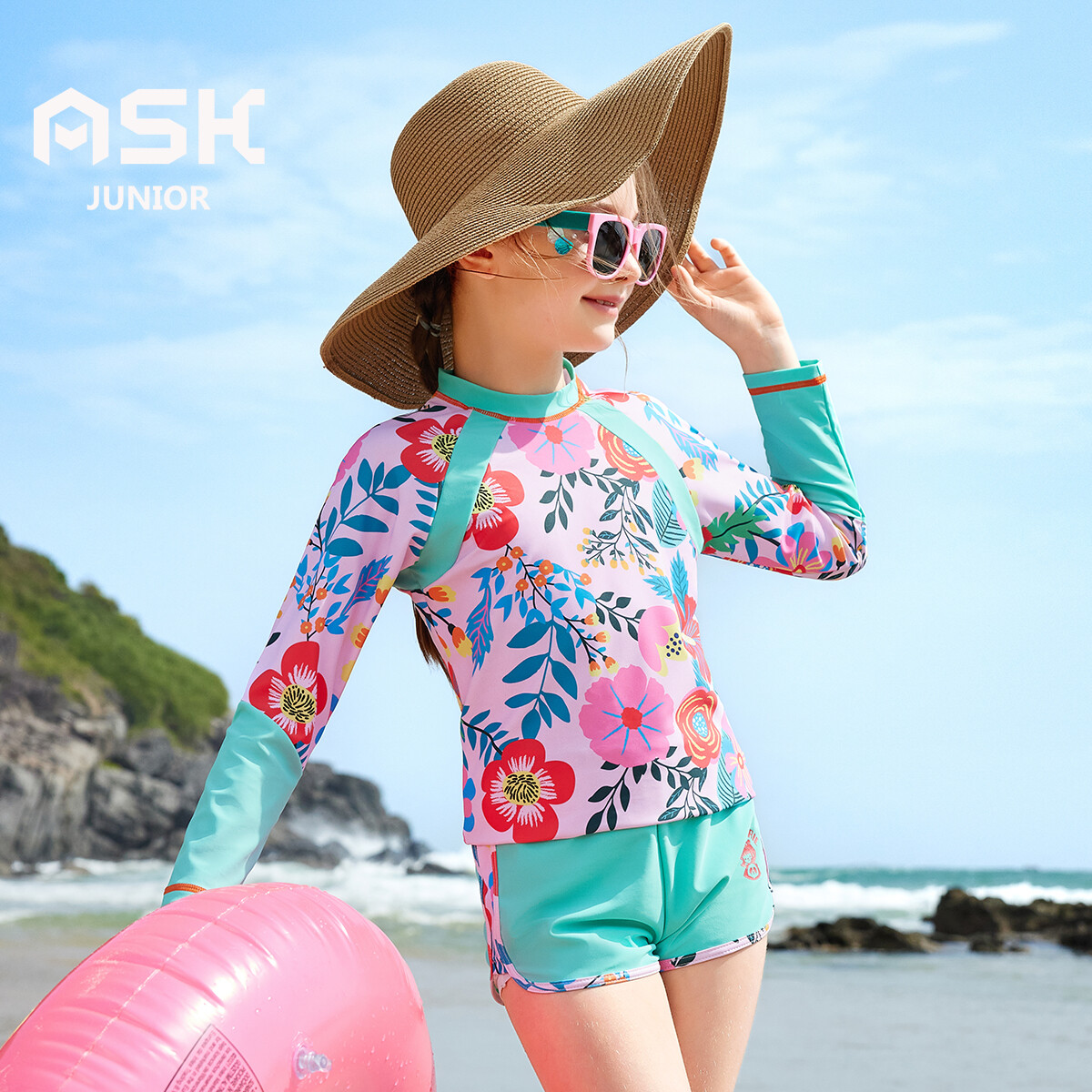 ASK JUNIOR Cô gái 4-15 tuổi trẻ em áo tắm cô gái một mảnh mỏng mùa hè nhanh khô tương phản Tay áo dài Quần soóc Boxer da quần áo áo tắm