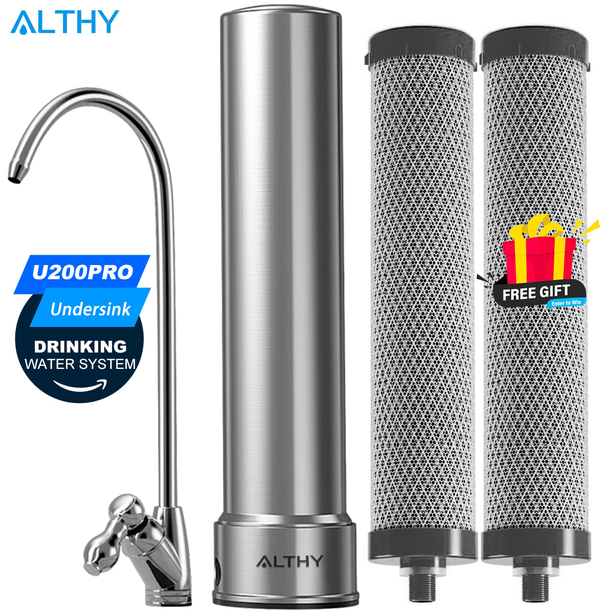 ALTHY U200PRO Under Sink Drinking Water Filter Filtration System Purifier, Stainless Steel , 5 in 1 NSF Certified to Remove 99% Chlorine, Lead, Heavy Metal, Odor for Home Kitchen With Counter Top Tap ราคา 888 บาท*ส่งฟรี