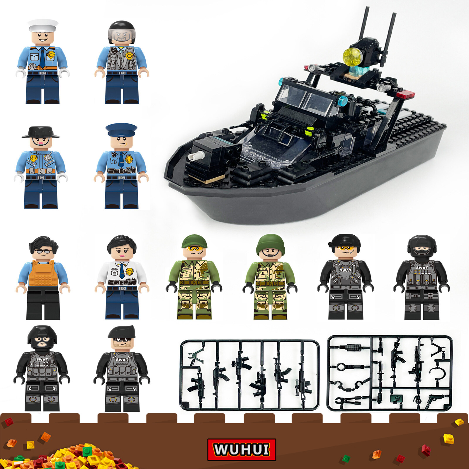 Wuhui 8pcs swat đội quân quân đội ww2 minifigures đồ chơi bộ xếp hình đồ