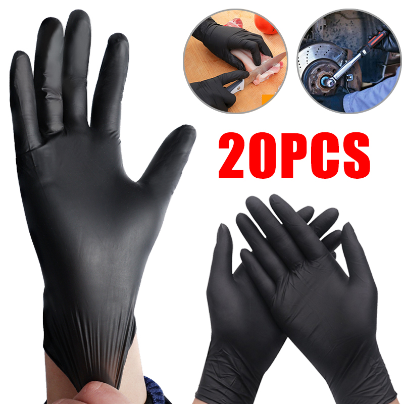 20pcs Găng tay Nitrile dùng cho thực phẩm không thấm nước Găng tay nhà bếp dày hơn màu đen Găng tay Nitrile bột không nhựa cao su thi Găng tay dùng một lần
