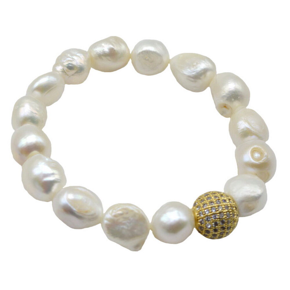 White Baroque Natural Pearl Bracelet – Yellow Spherical Cubic Zirconia Stone – Elastic Band for Women