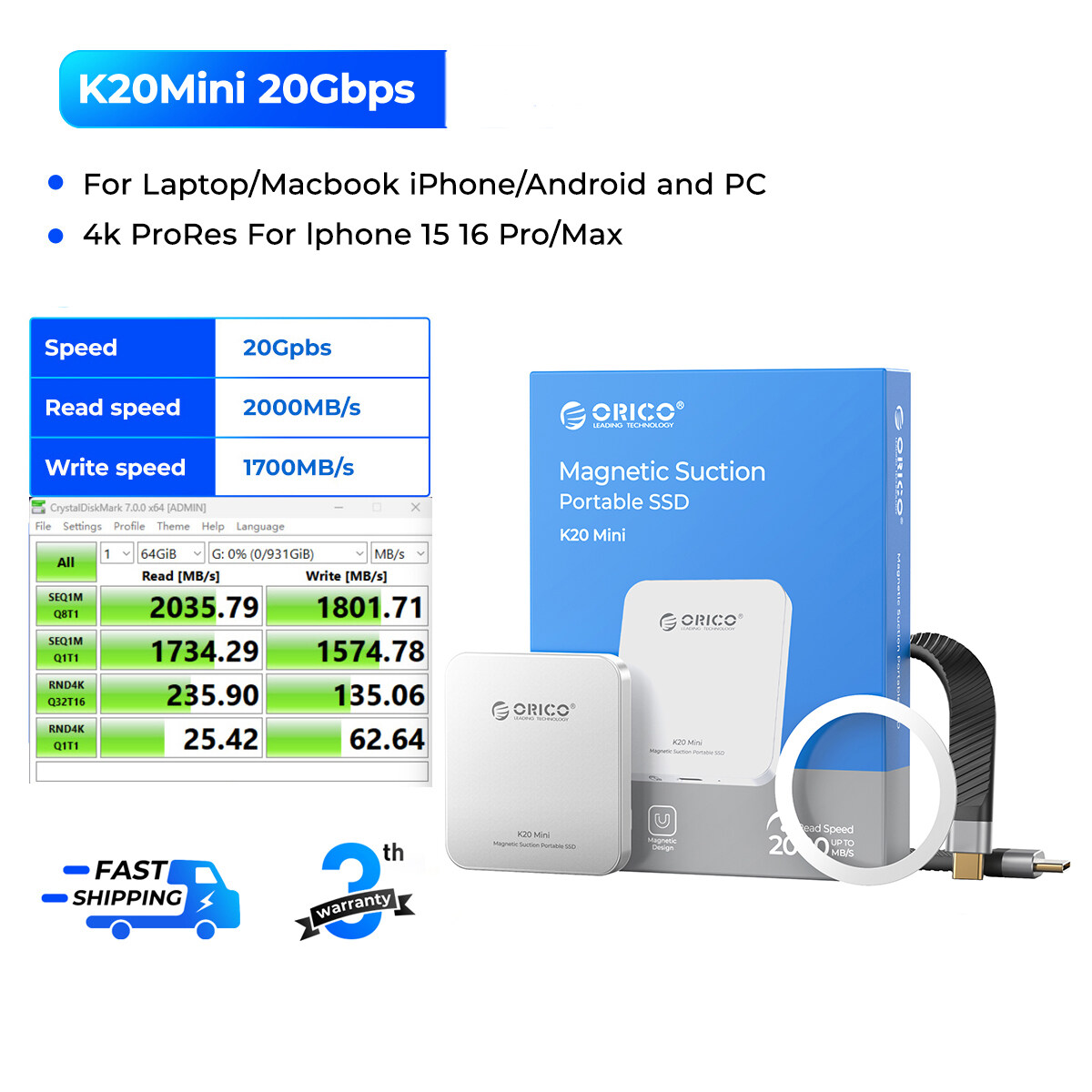 ORICO 2000 MB/giây MagSafe cực kỳ xách tay SSD SSD ngoài 512GB/1TB/2TB cho Iphone 17 16pro/Max ProRe