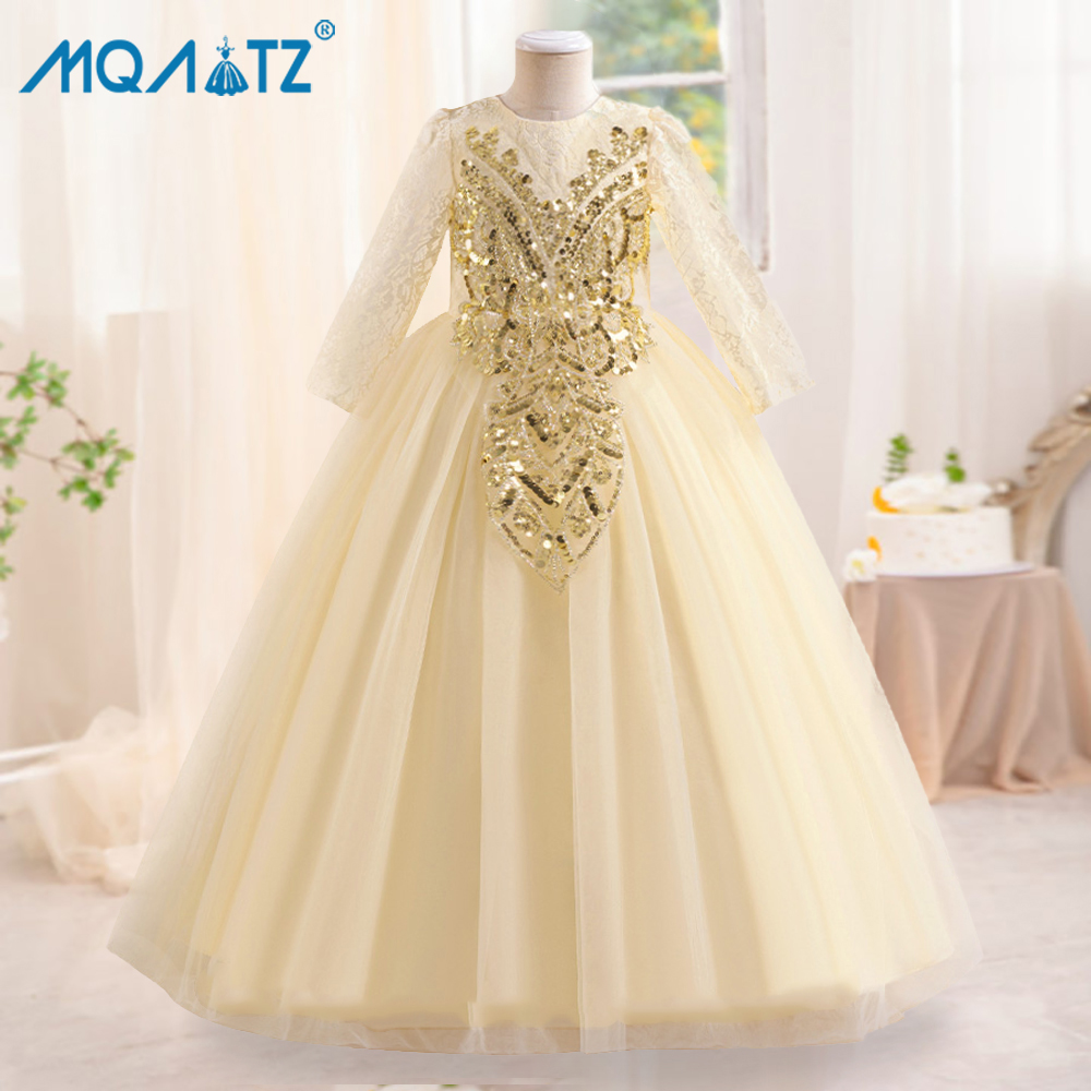 MQATZ Elegant Girl Wedding Dress Flower Bridesmaid Banquet Long Gown Teenage Girl Graduation Clothes Princess Appliques Lace Dress ALP-0021 ราคา 786 บาท*ส่งฟรี