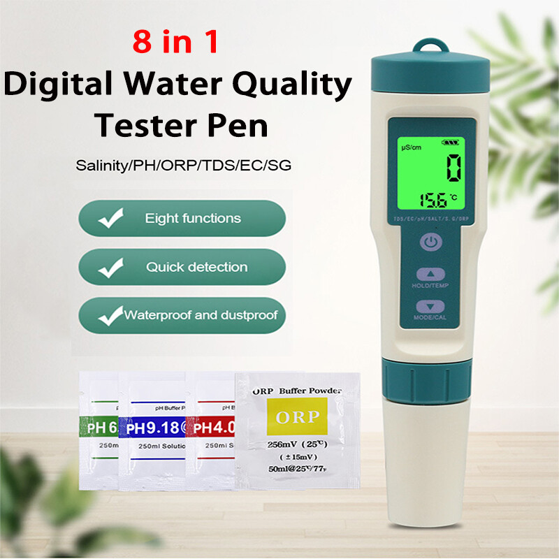 Bút kiểm tra chất lượng nước kỹ thuật số 8 trong 1 bút kiểm tra độ mặn/ph/tds/ec/orp/sg/h2/temp bút kiểm tra độ mặn nước uống bút kiểm tra độ ph giàu hydro bút kiểm tra độ ẩm nước ph