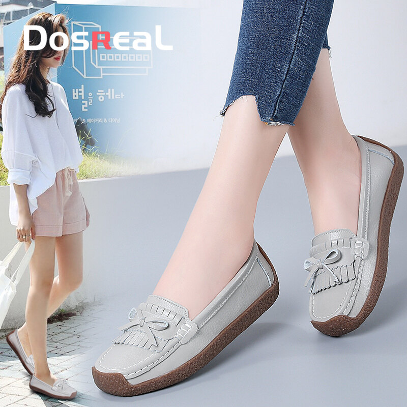 DOSREAL Women White Flats Shoes Lastest Korean Genuine Leather Ladies Loafers Large Size 35-41 Sweet Tassels Soft Sole Black Casual Shoes For Women Loafers ราคา 398 บาท*ส่งฟรี