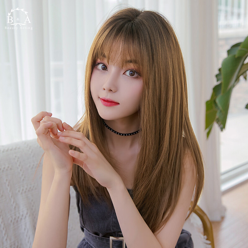 Gambar Black Wig for Women Long Straight Hair Wig with Bang Female Full Wig for Women 2020 Fashion Human Hair Wigs (Black Tea)