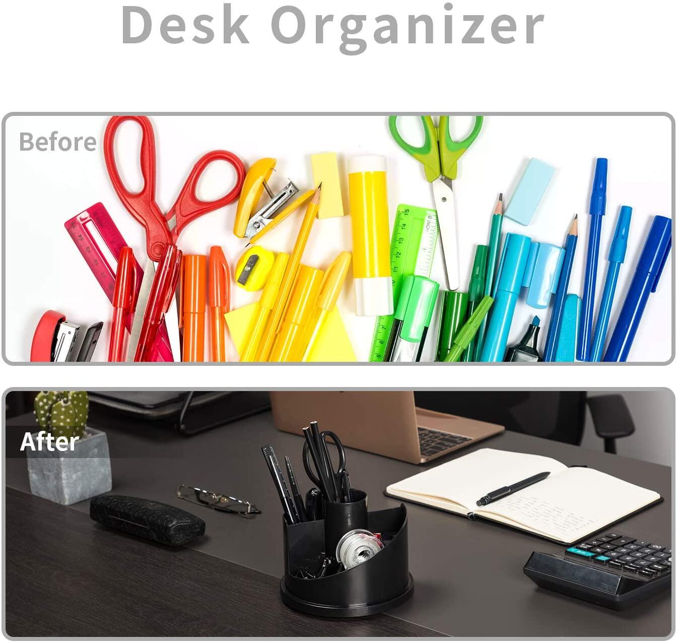 Binder Clips Pens Includes Tape Dispenser Scissor Stapler Eraser for Desk Accessories Deli Rotating Desk Organizer Pencil Holder Office Supplies Set Sharpener Black 