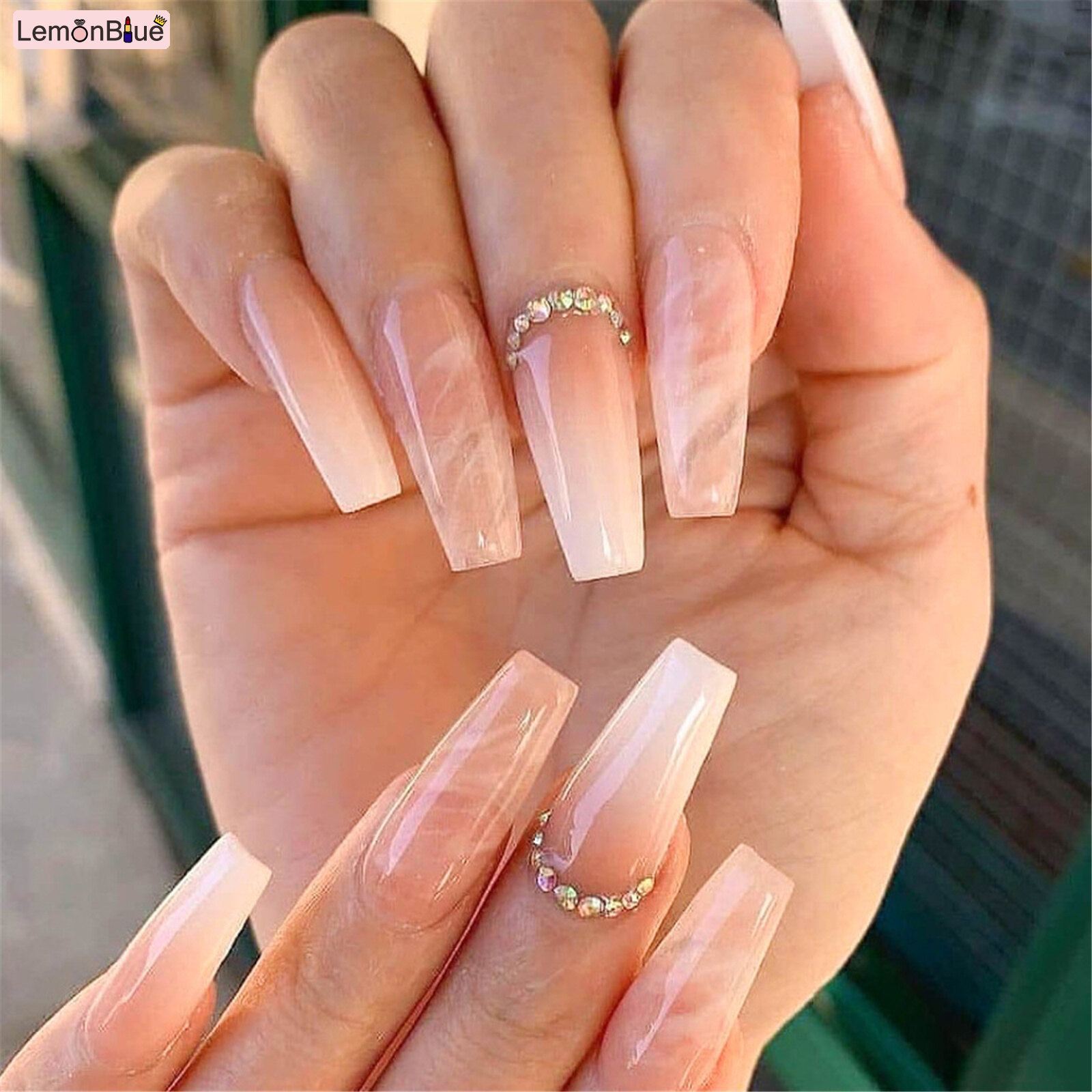 Gambar LemonBlue 24pcs Marbling Wear Long Paragraph Fashion Manicure Patch False Nails Save Time Wearable Nail Patch
