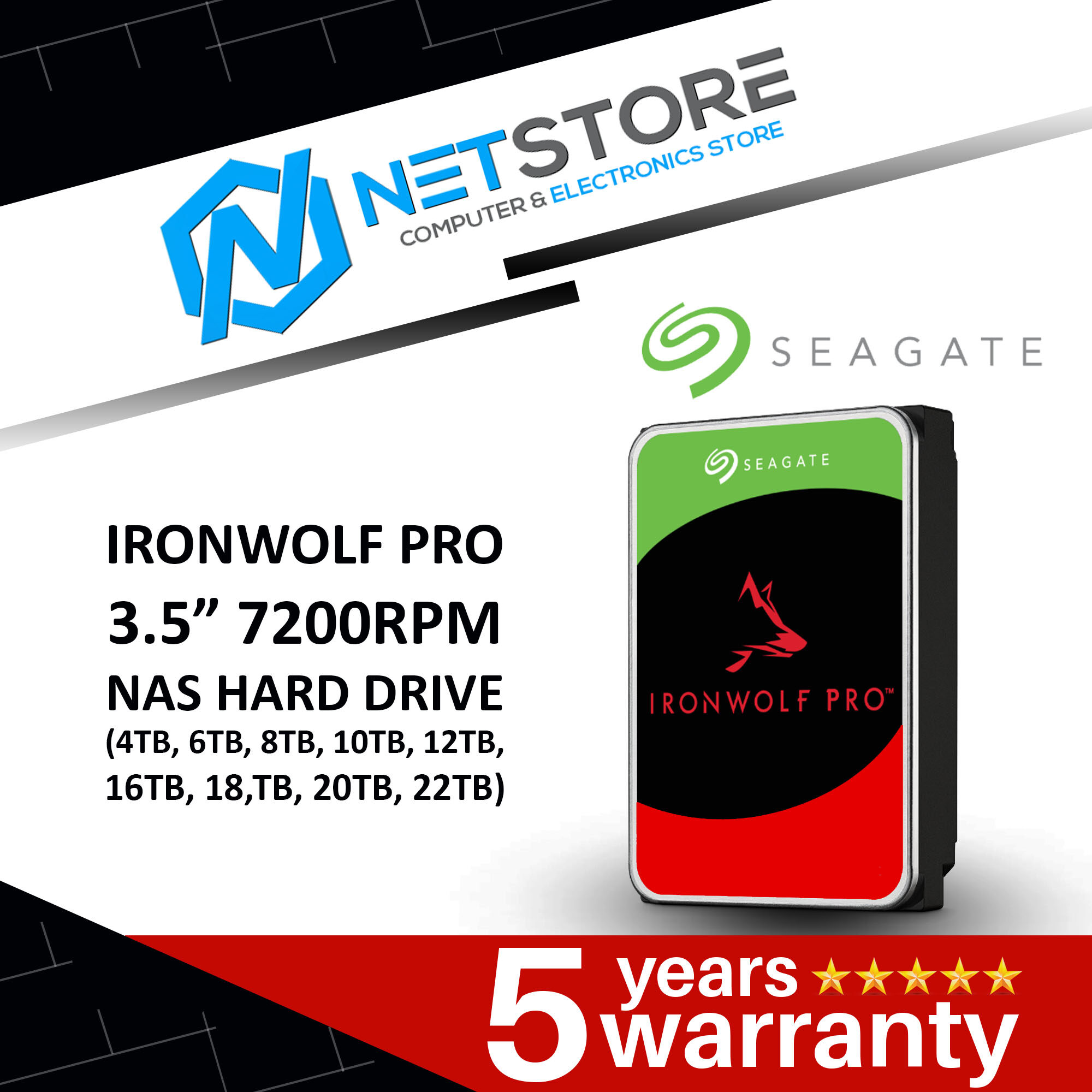 SEAGATE IRONWOLF 5400RPM NAS HARD DRIVE (1TB, 2TB, 3TB, 4TB