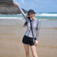LYSEACIA 2 Pieces Silver Beach Wear Womens Swimsuits Long Sleeve Zipper Tops + Shorts Padded Two Piece Swimwear FD92103443