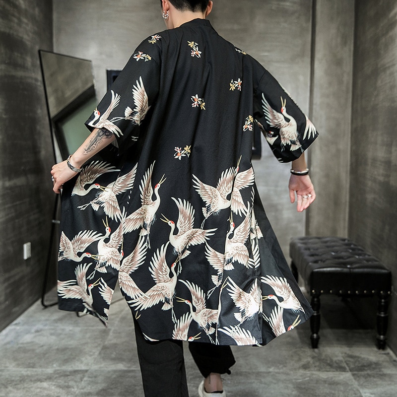 Yukata Haori Crane Printed Men Japanese 