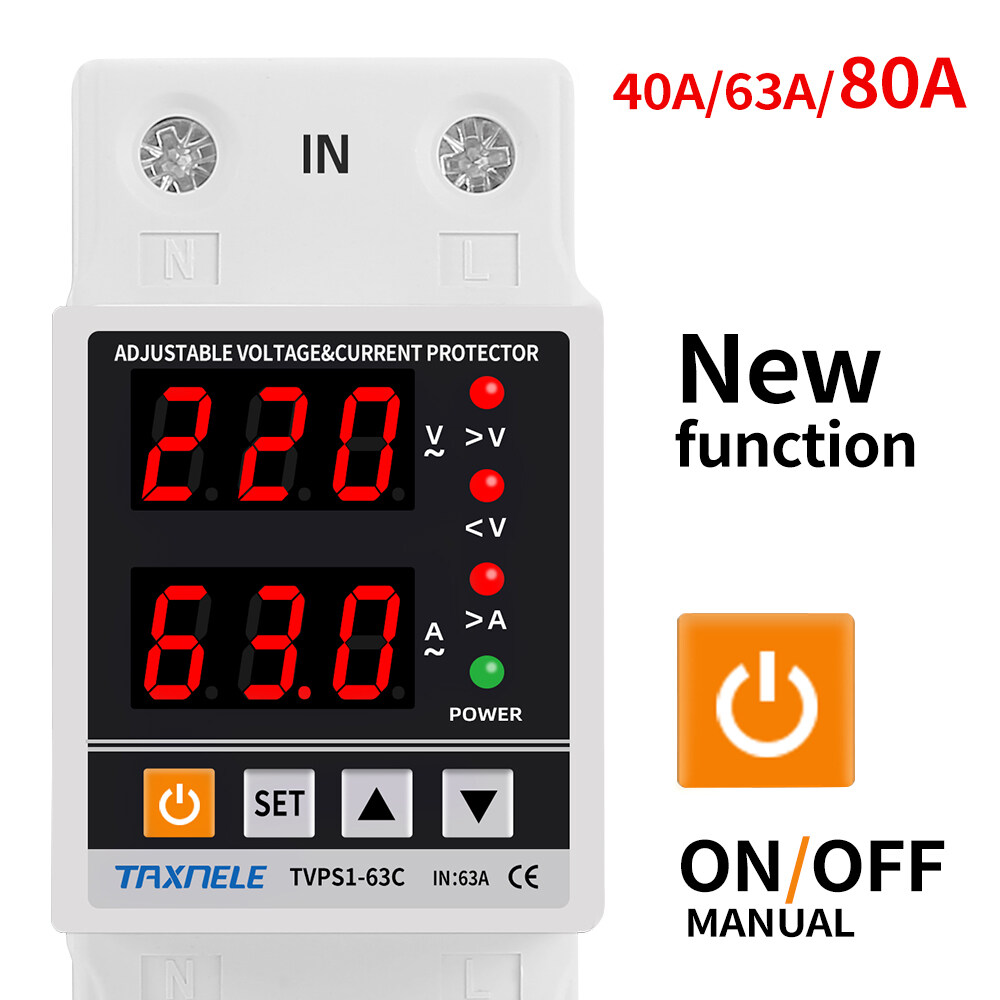 Dual Display 63A 40A 80A 230V Din Rail Adjustable digital Over Under Voltage Relay Surge Protector Limit Over Current Protection