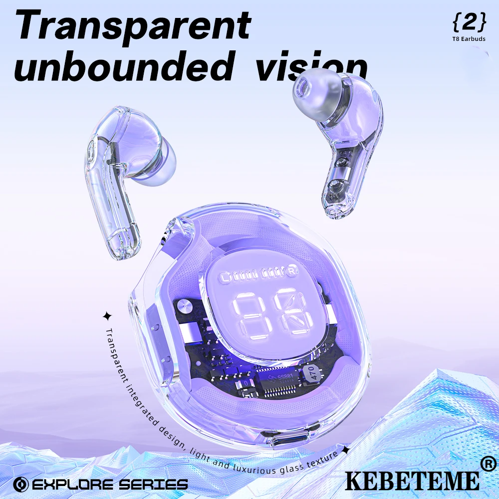 Kebememe TWS Tai nghe không dây Bluetooth 5.3 Earbuds trong suốt Màn hình hiển thị kỹ thuật số tai nghe giảm tiếng ồn Tai nghe thể thao