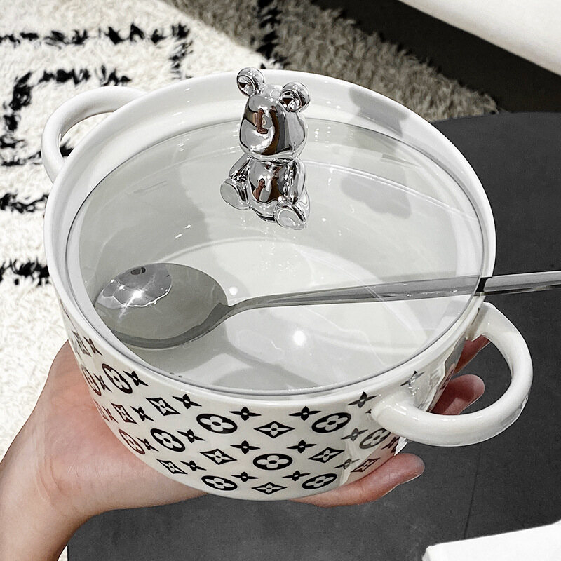 Gambar Bowl of Instant Noodle Bowl Large Soup Bowl Ceramic Instant Noodle Bowl with Lid Double Ear Bowl Rice Bowl