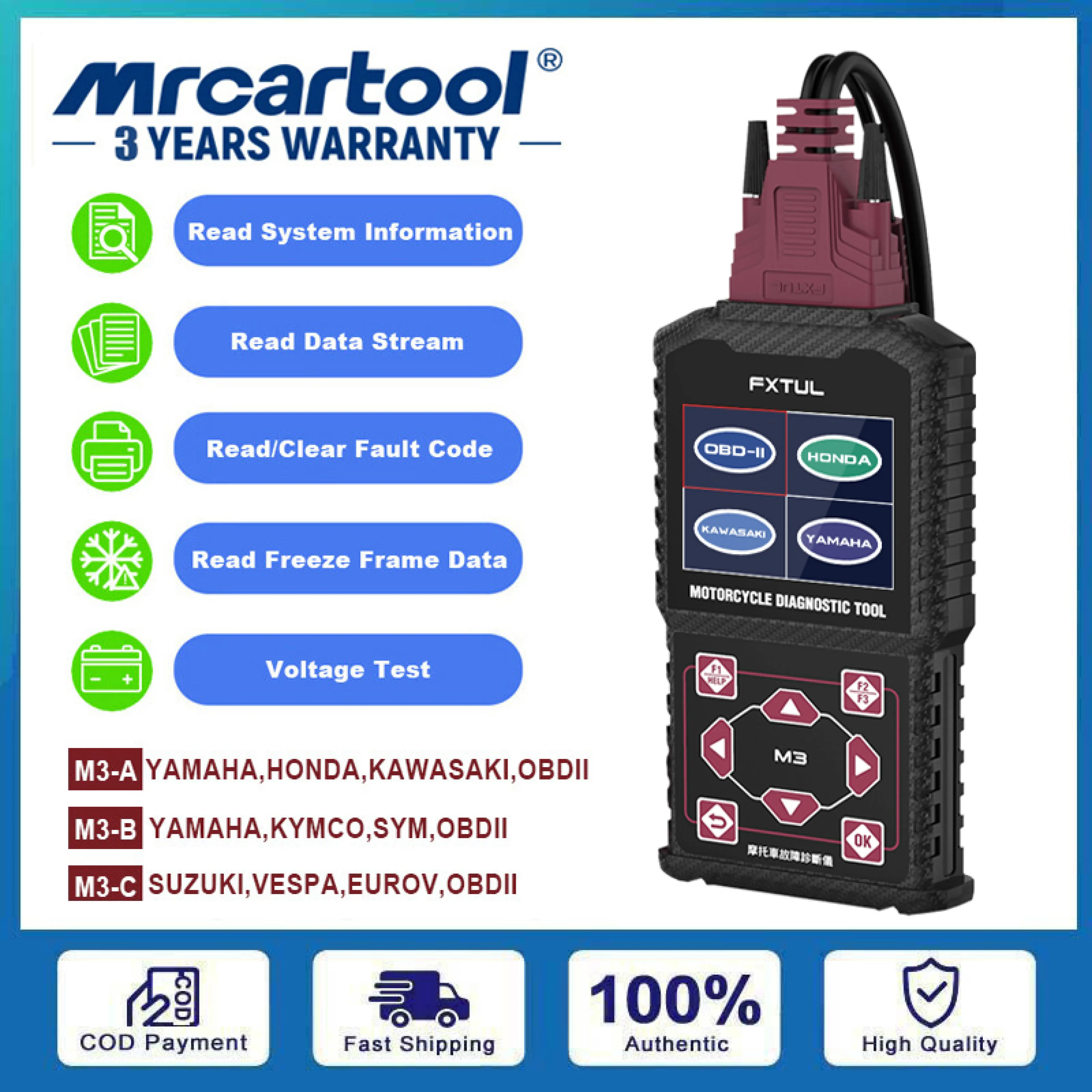 MRCARTOOL FXTUL M3 Motorcycle Scanner Support Read/Clear Fault Codes/Read Data Stream/Actuation Test/Voltage Test Motorcycle Diagnostic Tool Universal Motorcycle OBD2 Scanner for YAMAHA,HONDA,KAWASAKI,SUZUKI,VESPA,EUROV,KYMCO,SYM,OBDII
