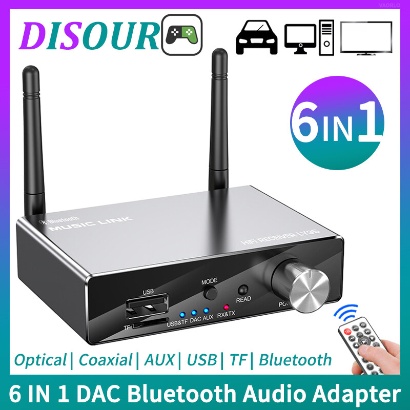 DISOUR 6 IN 1 DAC Bluetooth 5.3 Receiver Transmitter Optical Coaxial AUX 3.5MM RCA USB U-Disk TF Wireless Audio Adapter Digital to Analog Converter With Remote Control For TV PC Car Amplifier Speaker