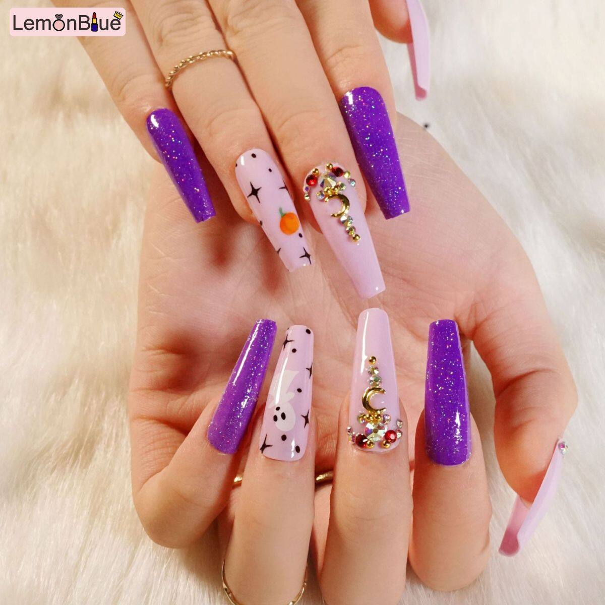 Gambar LemonBlue Grimace Printed Nail Patch Glue Type Removable Long Paragraph Fashion Manicure Fake Nail Patch for Halloween