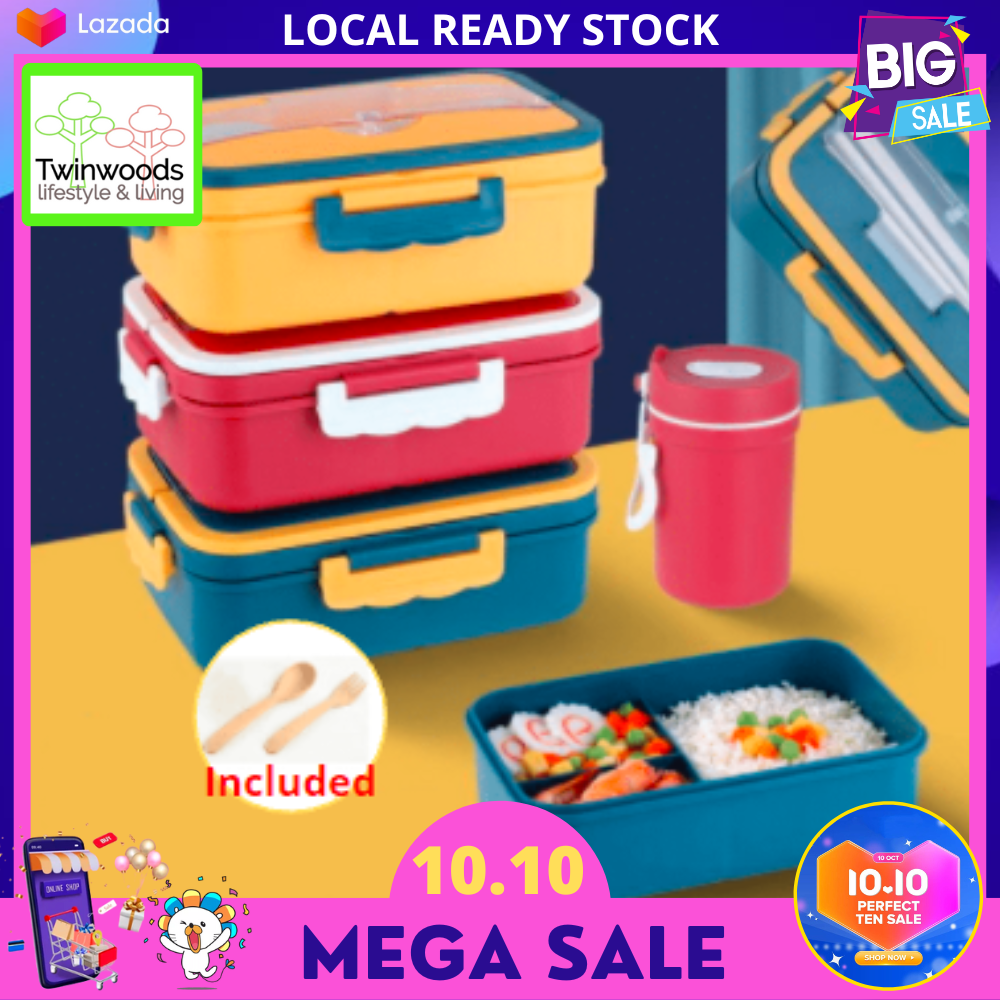 Gambar Microwave Safe Lunch Box with Carry Handles For Student Adult Office Worker Picnic Partitioned Bento Box with Fork   Spoon ??????????????????????????????? [READY STOCK] Bekas Bekal Makanan