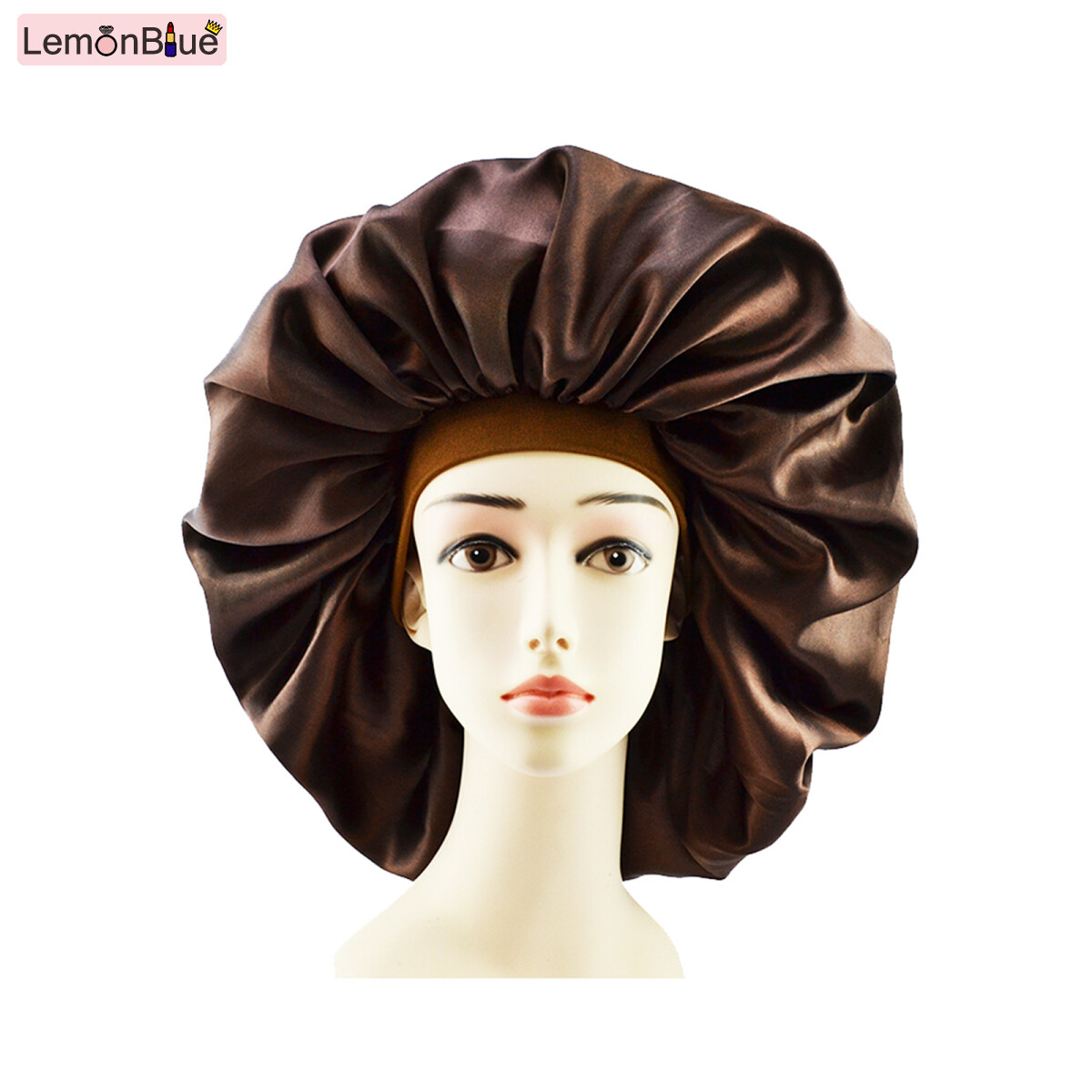 Gambar LemonBlue Plus Size Satin Silky Bonnet Sleep Night Cap Waterproof Head Cover Bonnet Hat for Curly Springy Hair Shower Caps