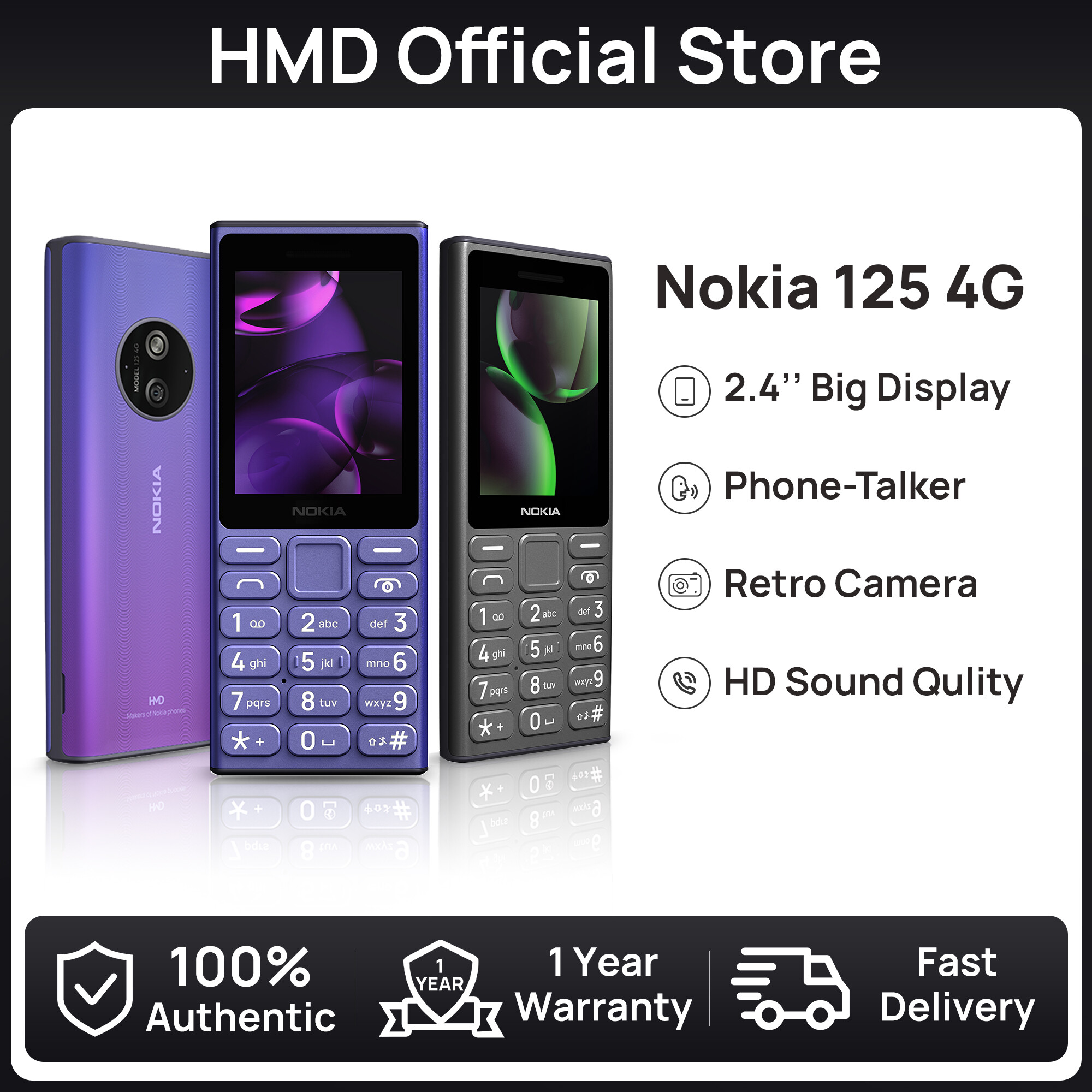 【Official Store】Nokia 125 4G Keypad Basic Feature Phone 2.4" Big Screen Phone-Talker Long Standby Big Island Buttons Nordic Style Speed Dial 1 year warranty 100% Official Authentic - Jenama HMD Harga 208 Ringgit*Penghantaran Percuma