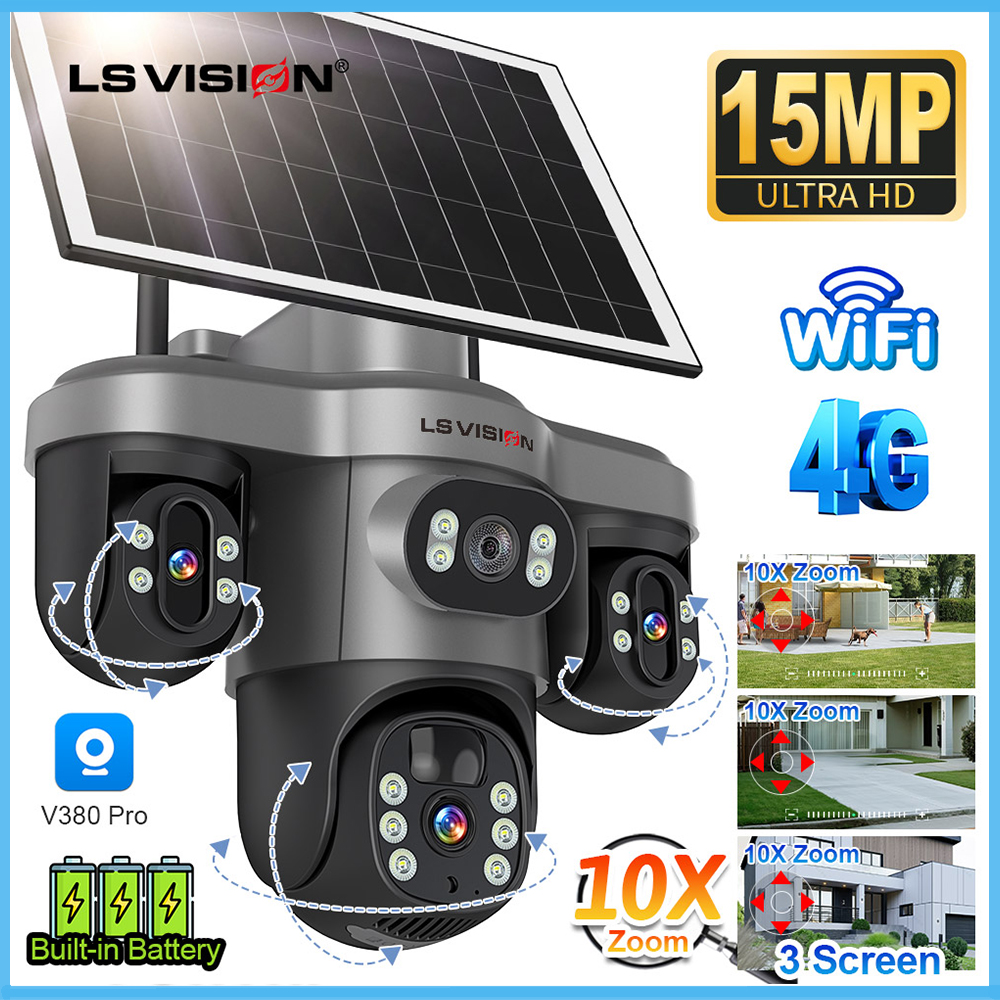 LS VISION V380 3 PTZ Screen 4G/WiFi Solar CCTV Camera 15MP 10X Digital Zoom AI Detection Solar+8000mAh Humanoid Detection Automatic Tracking IP66 Waterproof 2-Way Audio IP Cameras ราคา 2,304 บาท*ส่งฟรี