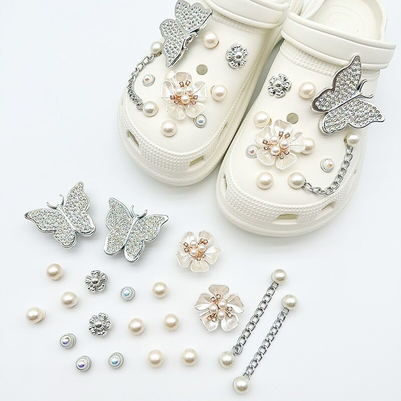 14pcs white Diamond Butterfly DIY Croc Jibz Charm Button Fashion Shoes Accessories